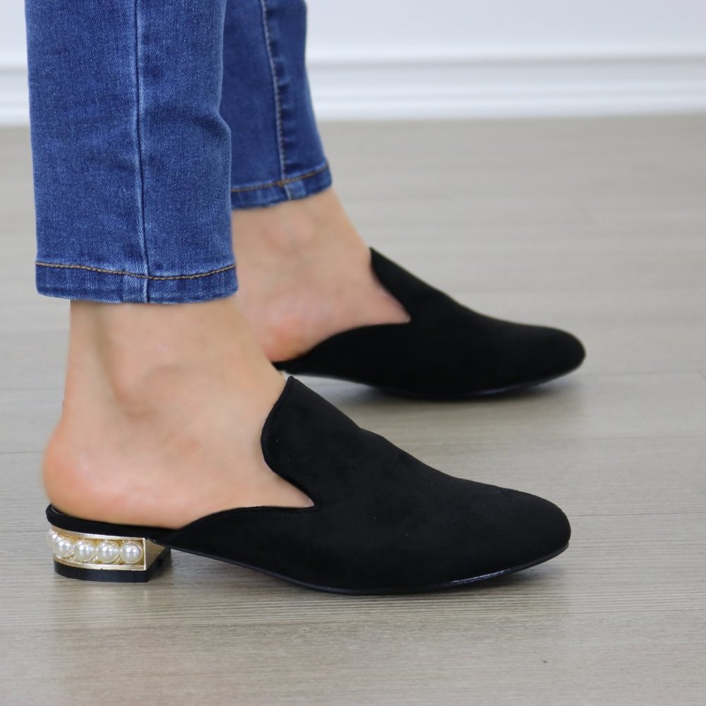Suede Slip On Loafer Mule Pearl Accents on Heel - Picture 4 of 13
